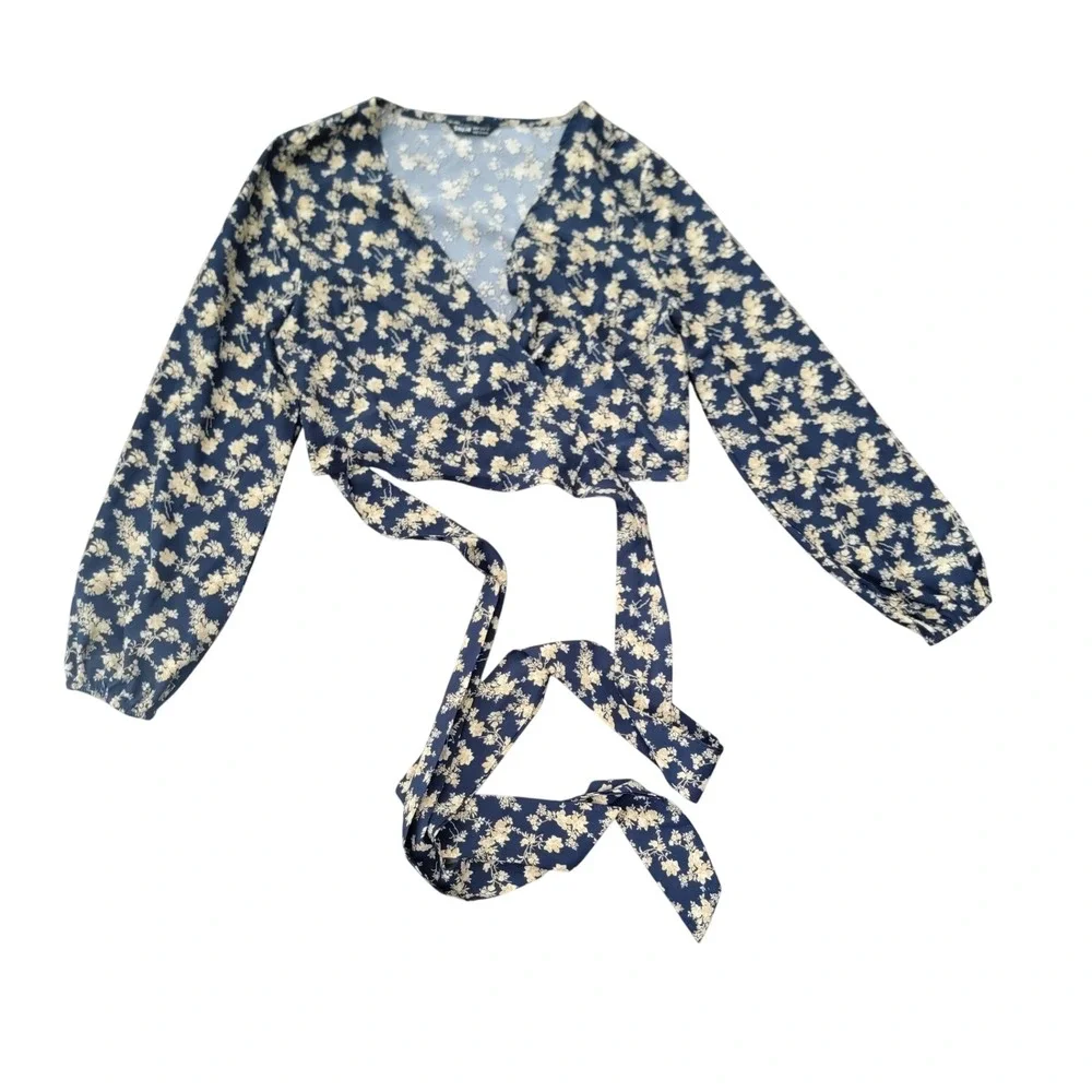 SHEIN Womens Floral Wrap Top Navy Blue Ditsy Print Long Sleeve Crop Blouse Small